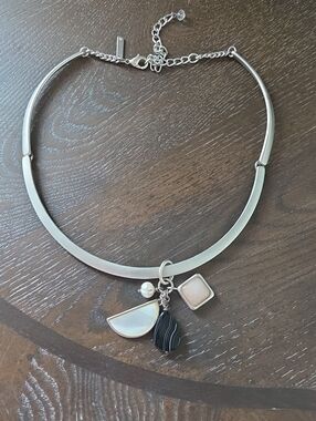White House Black Market Silver Collar Necklace with Black and Pearl Charms